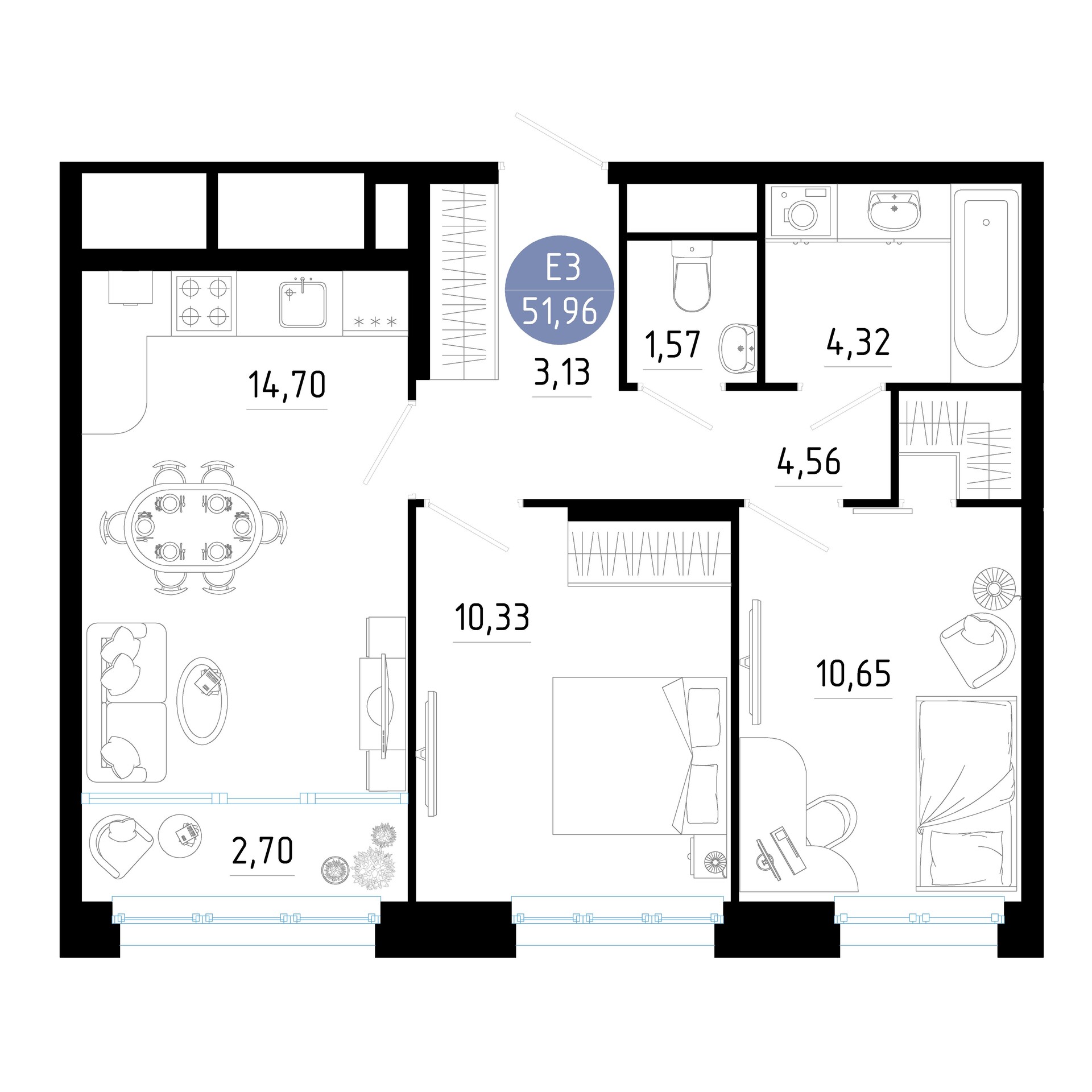 Квартира с двумя спальнями и гостиной 52м² (Евро-3)